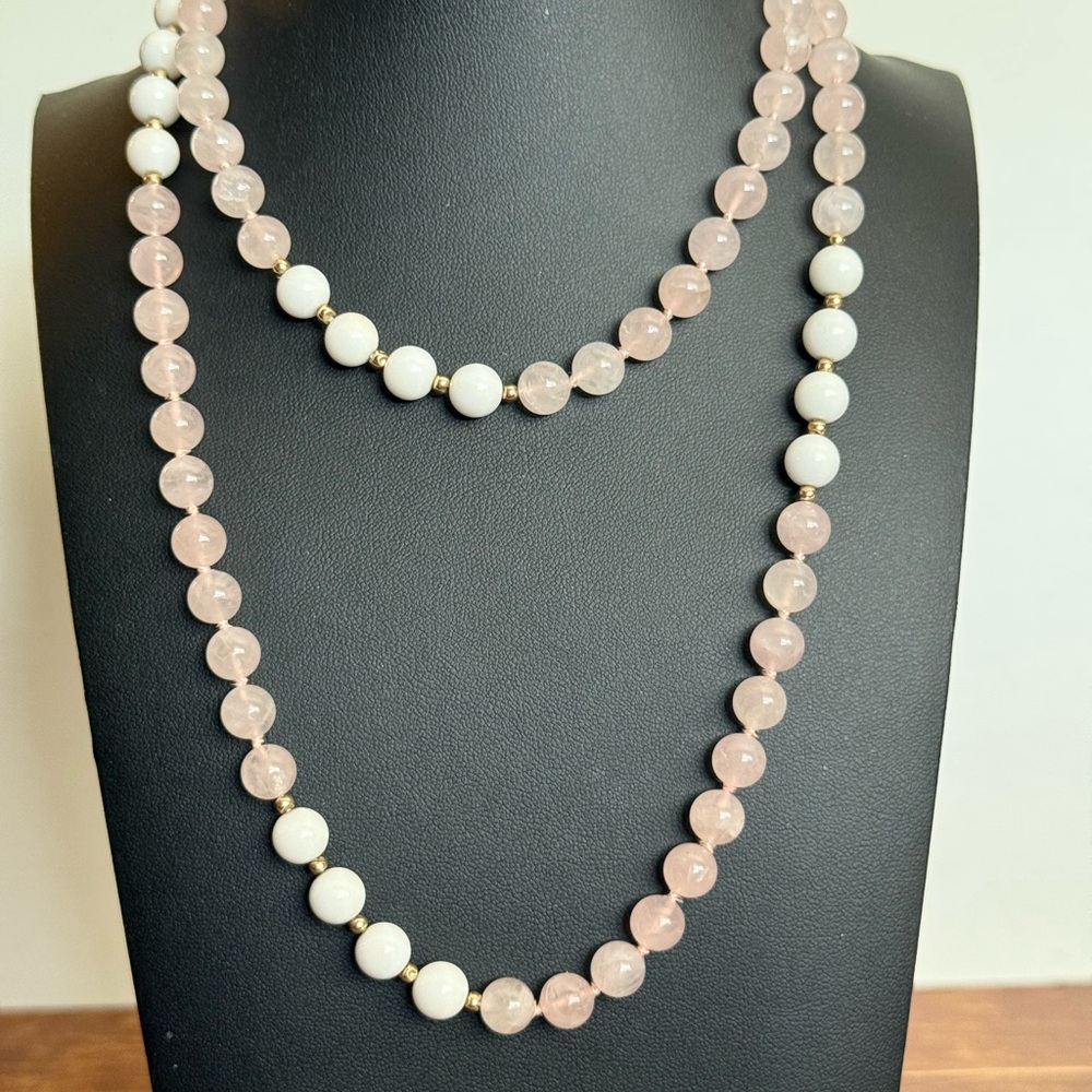 Rose Quartz and White Milk Glass Necklace - Picture 9 of 10